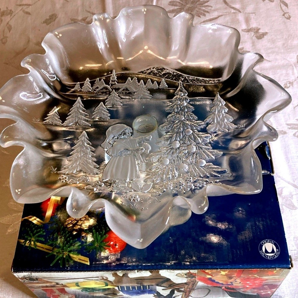 Vintage WALTHER GLAS Christmas Footed Candy Dish West Germany Frosted Clear Snow